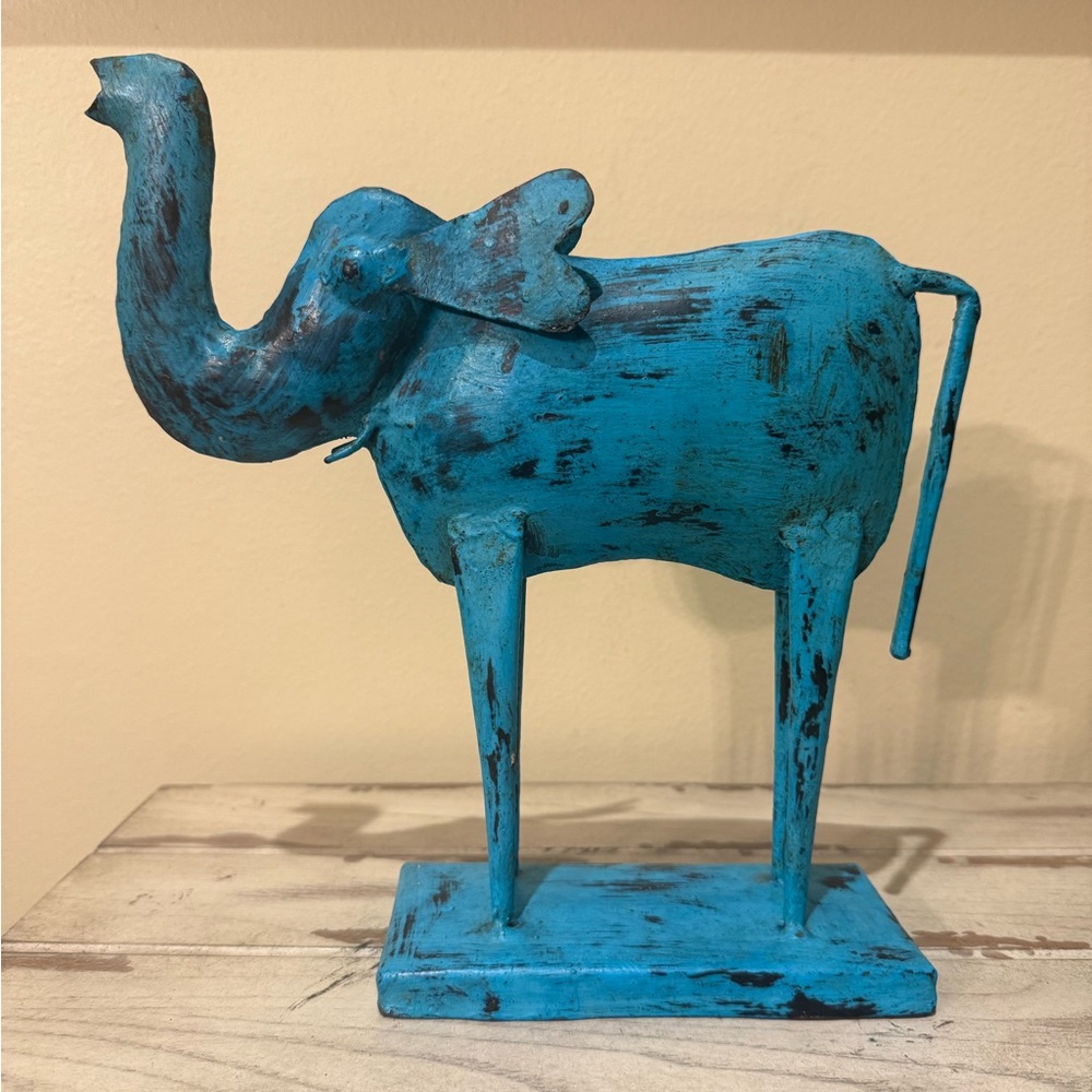 Rustic Blue Metal Elephant Art Sculpture Folk Art
